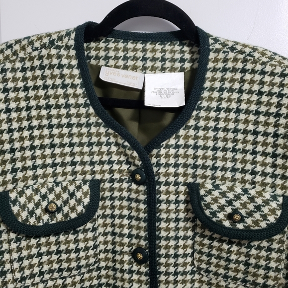 VINTAGE YVES VINET Green Houndstooth Wool Gold Lion Buttons Blazer - Picture 6 of 13